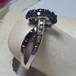 .27ctw Blue, Wht & Black Diamond Raised Bow cross over Sterling Silver Ring19952